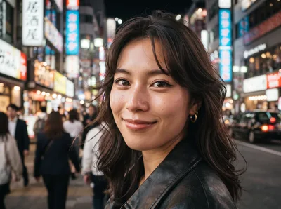 Young Japanese Woman Smiling In Busy Tokyo Street