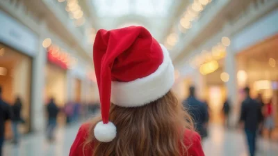Woman Wearing Santa Hat Walking Through Shopping Mall