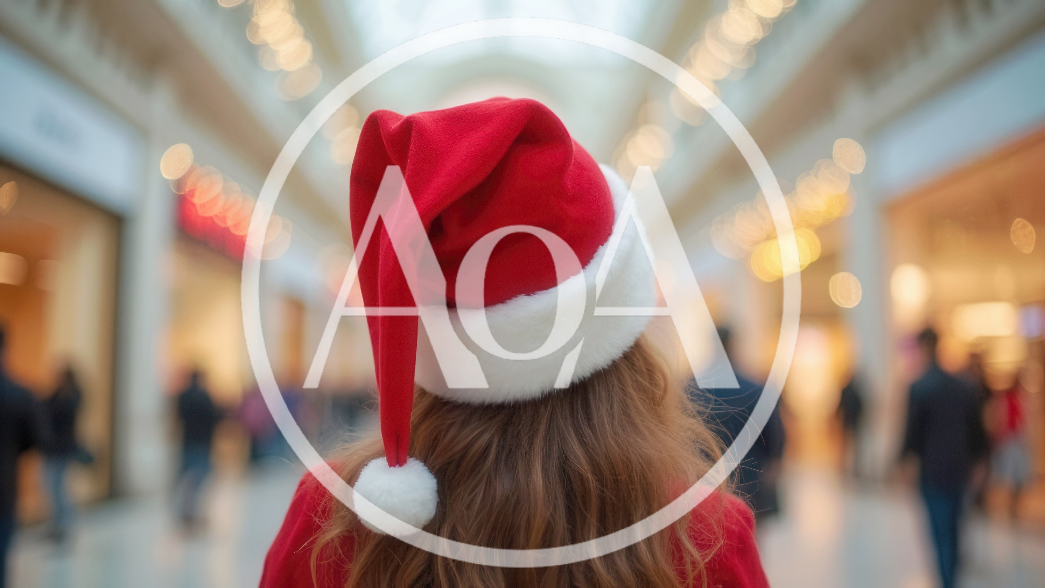 Woman Wearing Santa Hat Walking Through Shopping Mall