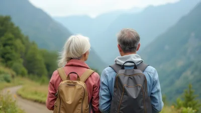 Senior Couple Hiking Together In The Mountains