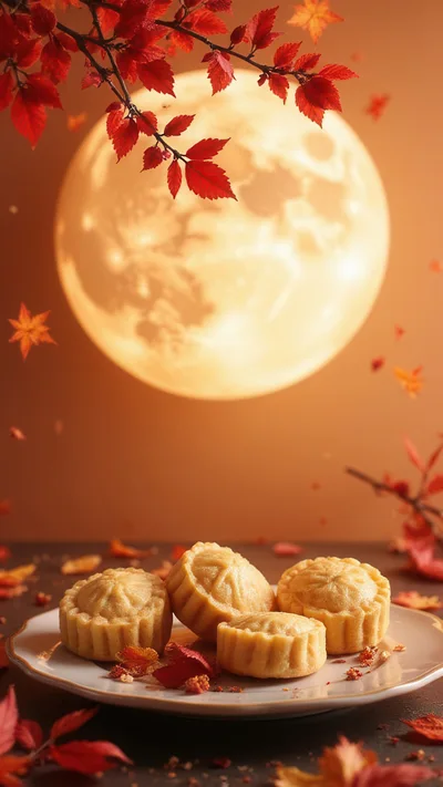 Mooncakes on Plate with Autumn Leaves and Full Moon
