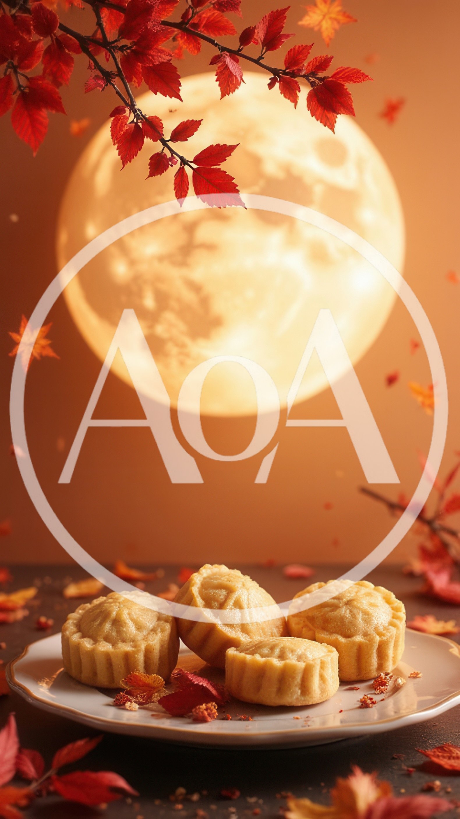 Mooncakes on Plate with Autumn Leaves and Full Moon
