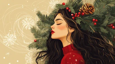 Digital Illustration Of A Woman With Christmas Foliage