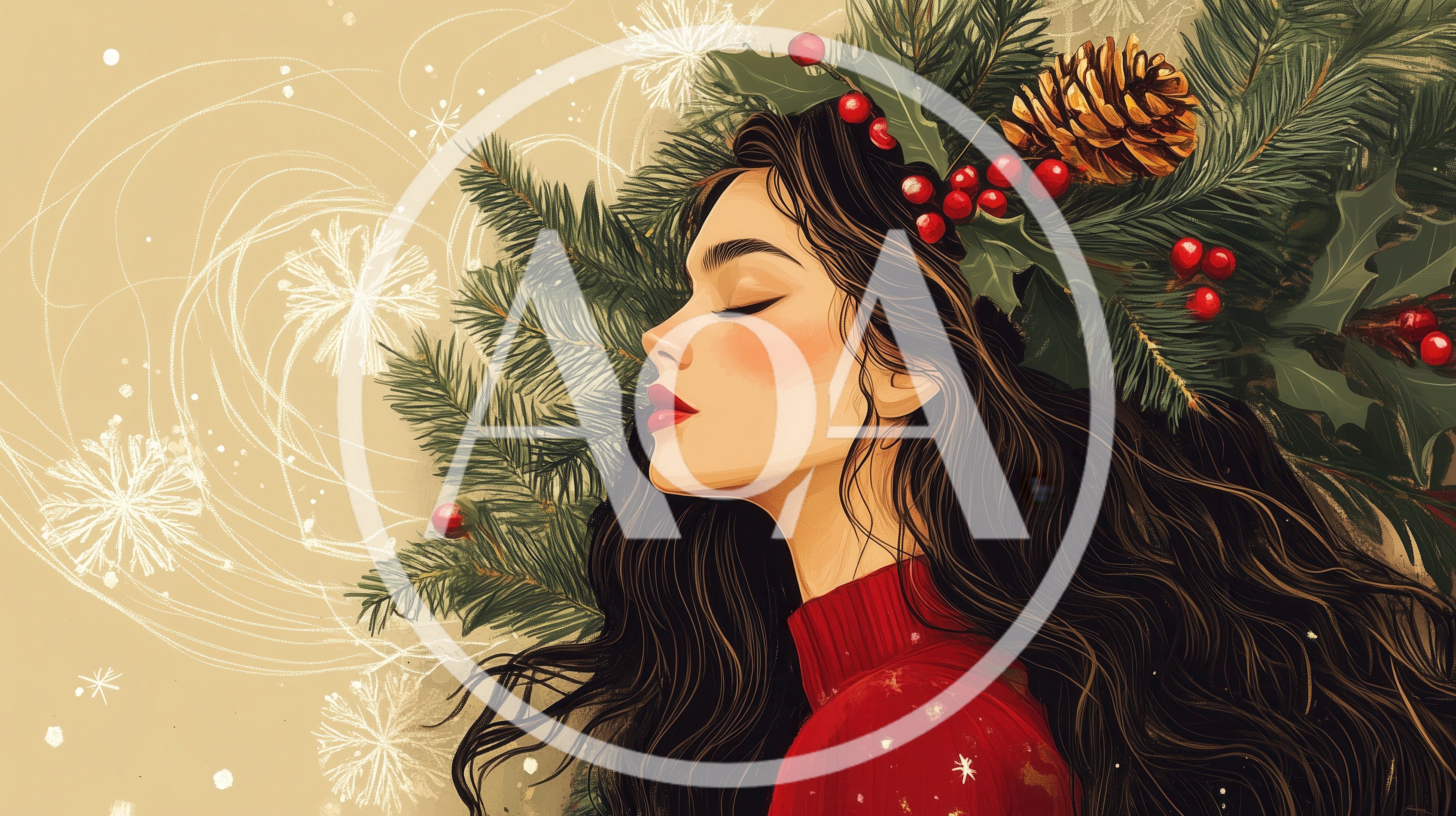 Digital Illustration Of A Woman With Christmas Foliage
