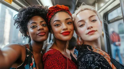 Three Diverse Women Taking A Selfie On A Train
