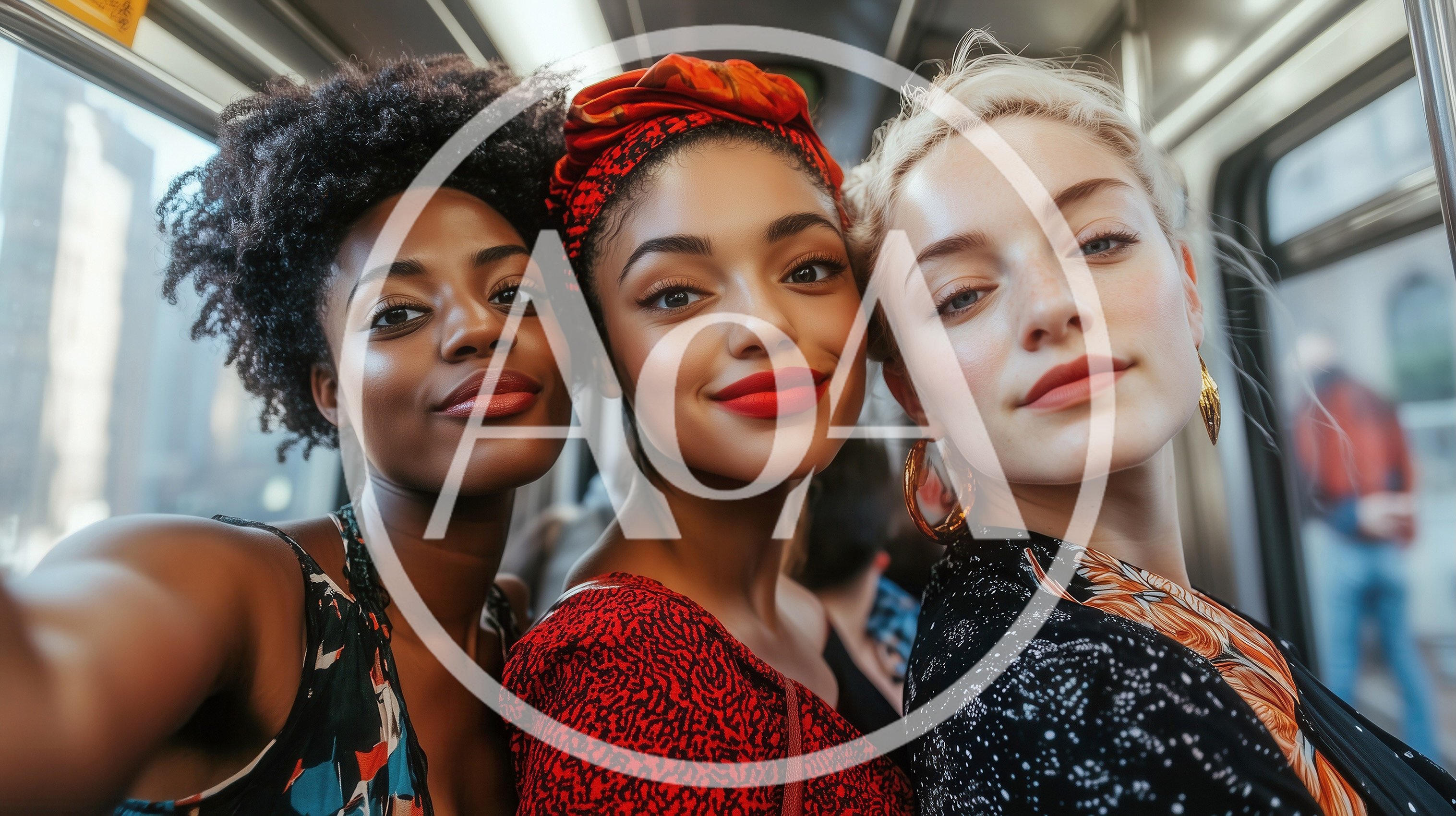 Three Diverse Women Taking A Selfie On A Train