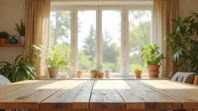 Wooden Dining Table In Sunlit Living Room