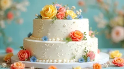 Two Tier Wedding Cake Decorated With Fresh Flowers
