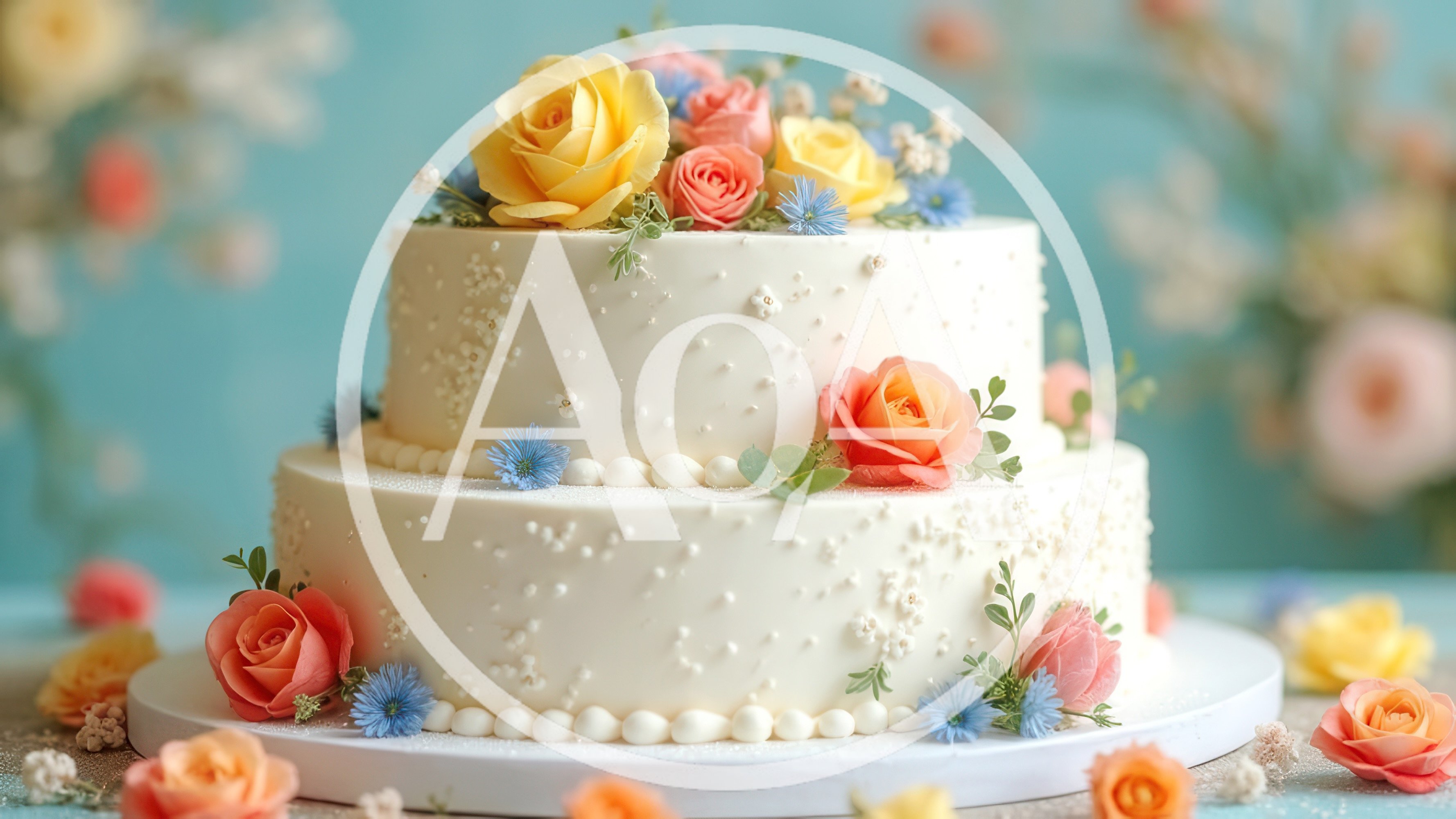 Two Tier Wedding Cake Decorated With Fresh Flowers