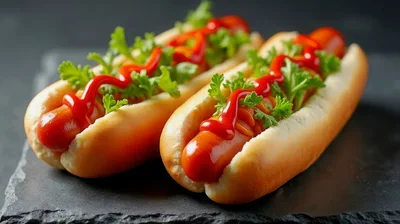 Two Gourmet Hot Dogs With Ketchup And Fresh Parsley