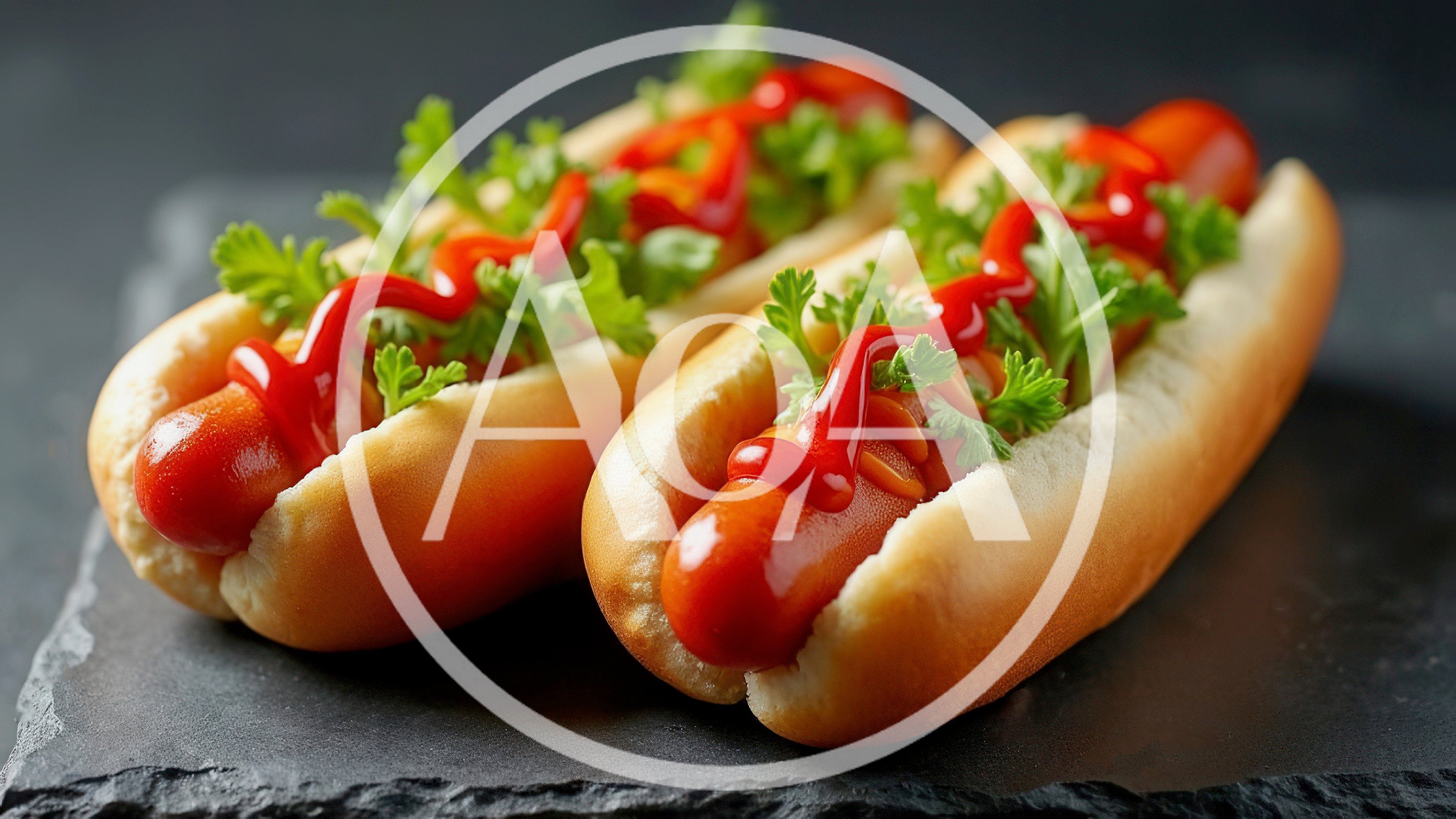 Two Gourmet Hot Dogs With Ketchup And Fresh Parsley