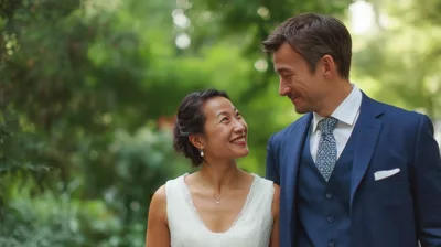 Happy Newlywed Couple Looking At Each Other In Garden