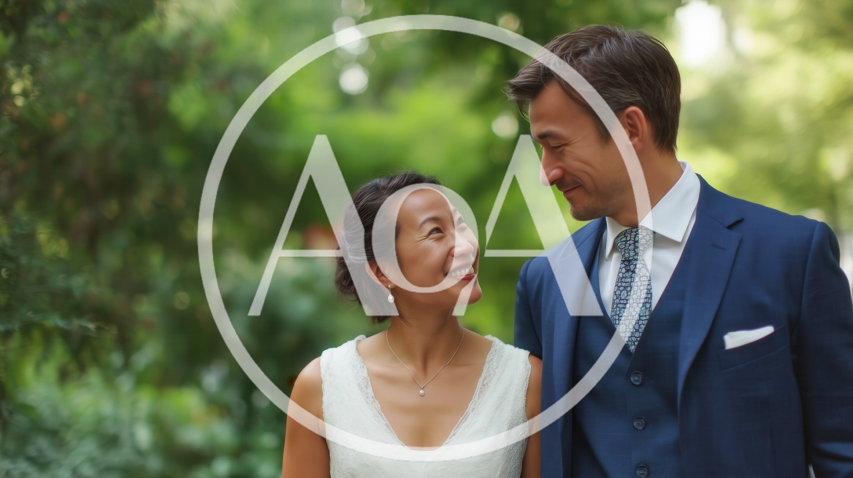 Happy Newlywed Couple Looking At Each Other In Garden