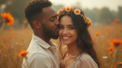 Interracial Couple Embracing In A Sunny Flower Field