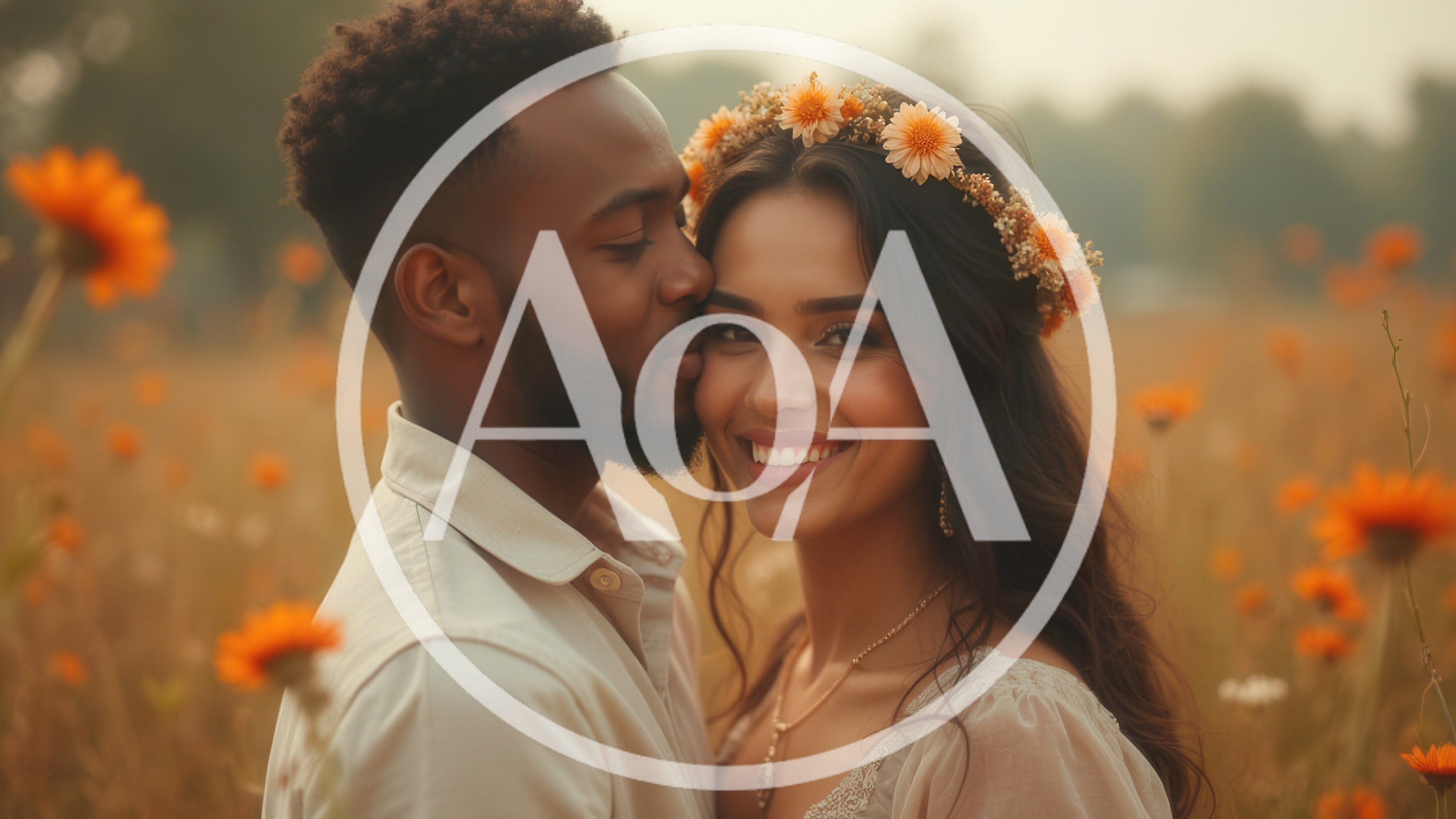 Interracial Couple Embracing In A Sunny Flower Field