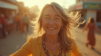 Happy Mature Woman Smiling Outdoors During Golden Hour