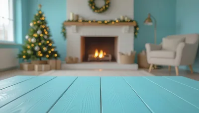 Empty Turquoise Wooden Table In Cozy Christmas Living Room