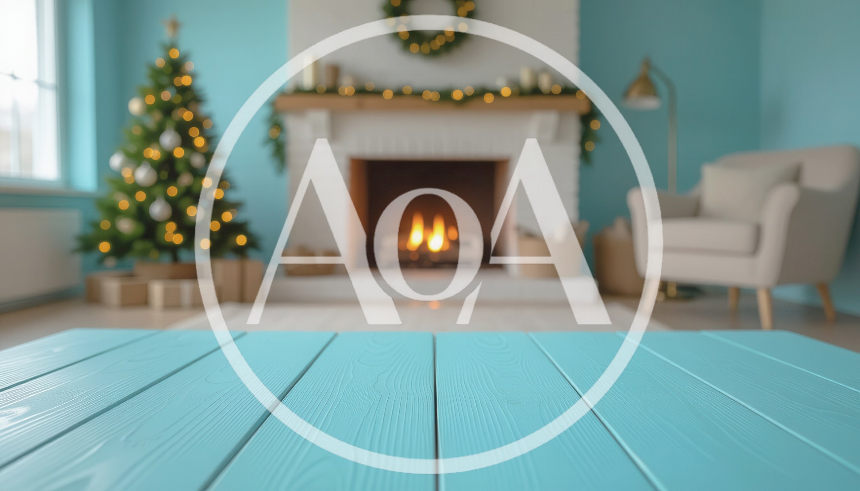 Empty Turquoise Wooden Table In Cozy Christmas Living Room