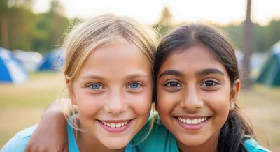 Two Young Girls Smiling Together Outdoors