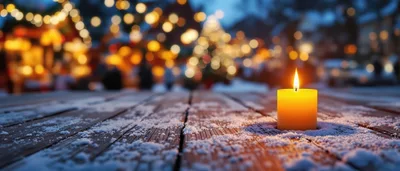Lit Candle On Snowy Wooden Table At Christmas Market