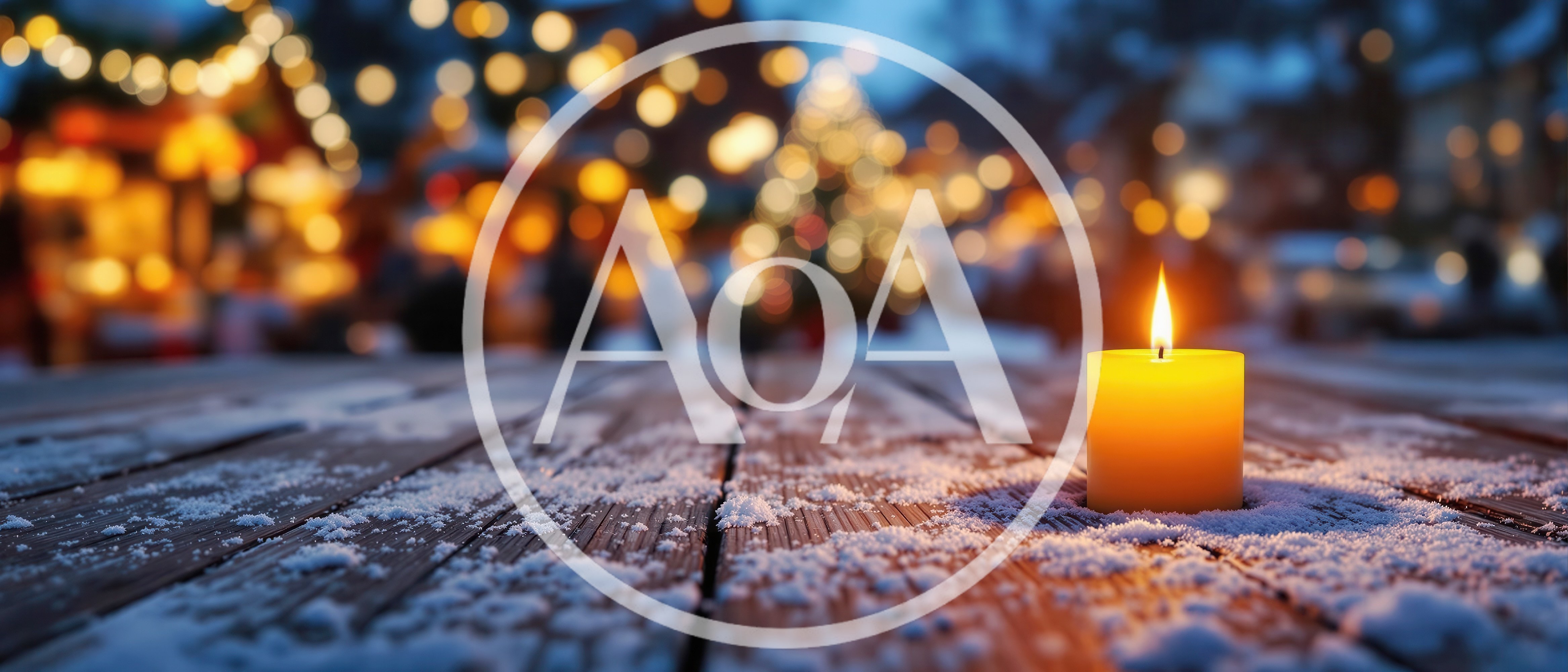 Lit Candle On Snowy Wooden Table At Christmas Market
