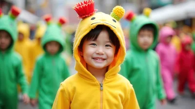Happy Asian Child Wearing Yellow Cactus Costume