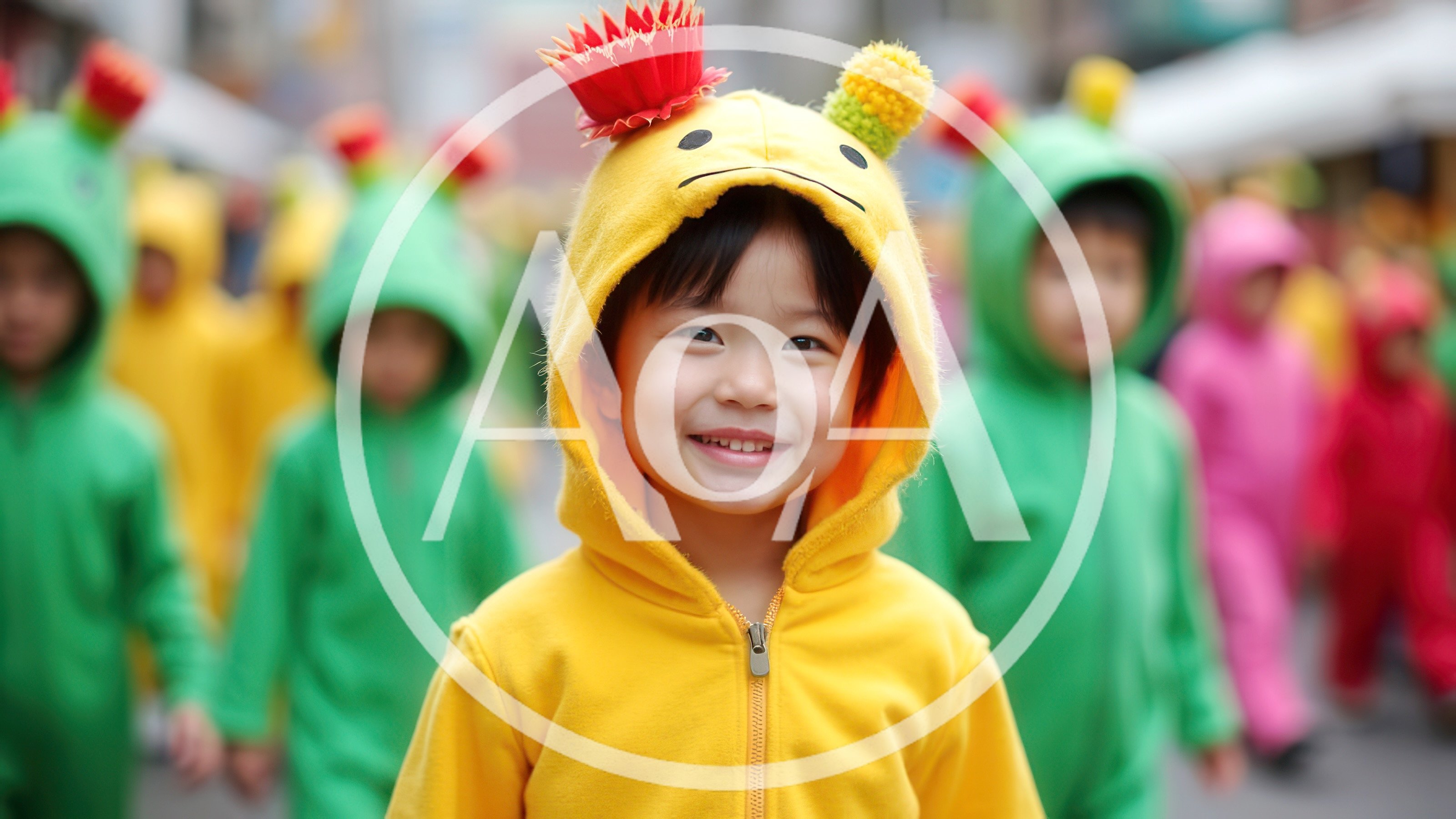 Happy Asian Child Wearing Yellow Cactus Costume