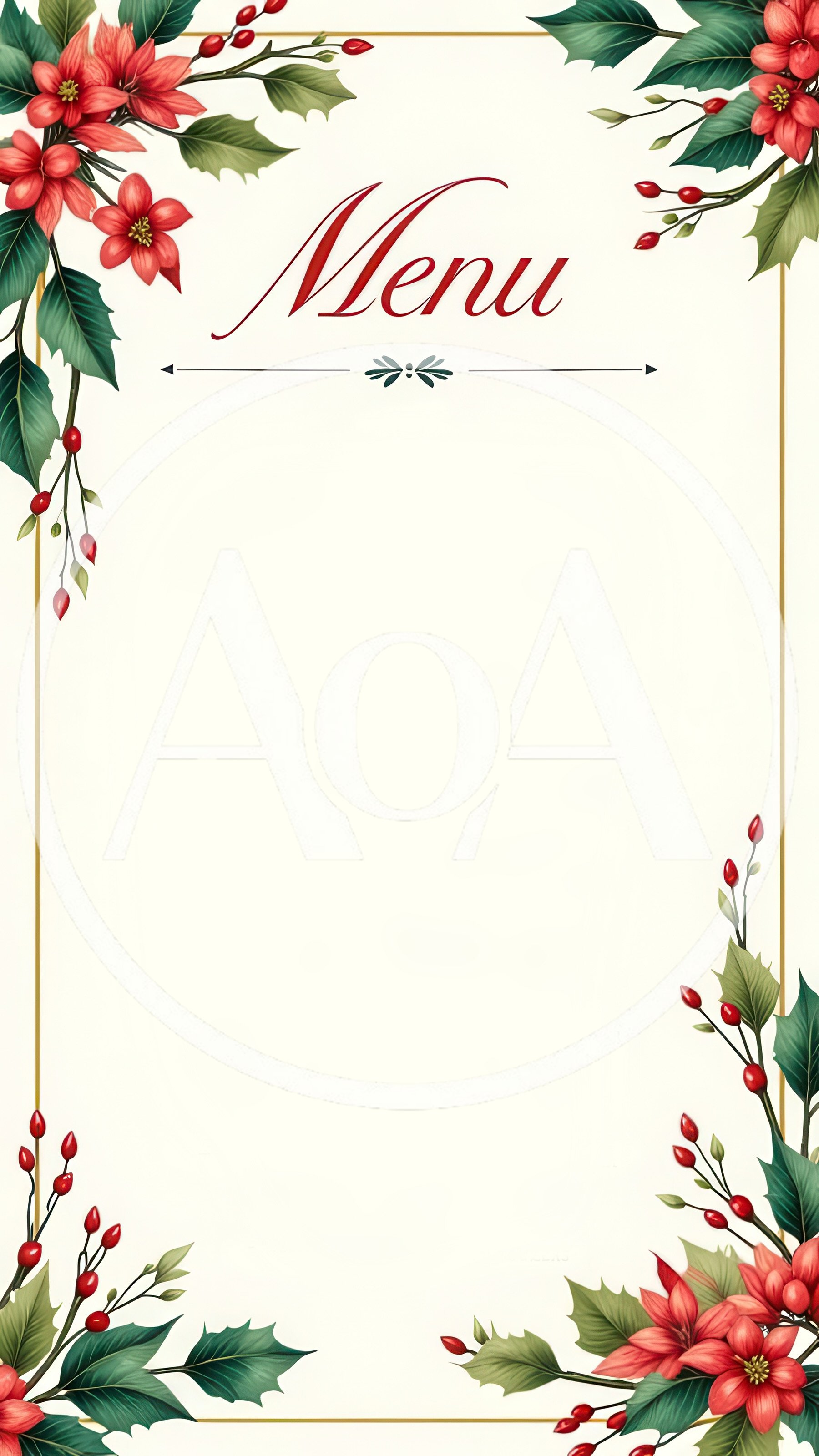 Christmas Menu Template With Poinsettia And Holly Berries