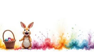 Cute Easter Bunny Standing Beside A Basket Of Eggs