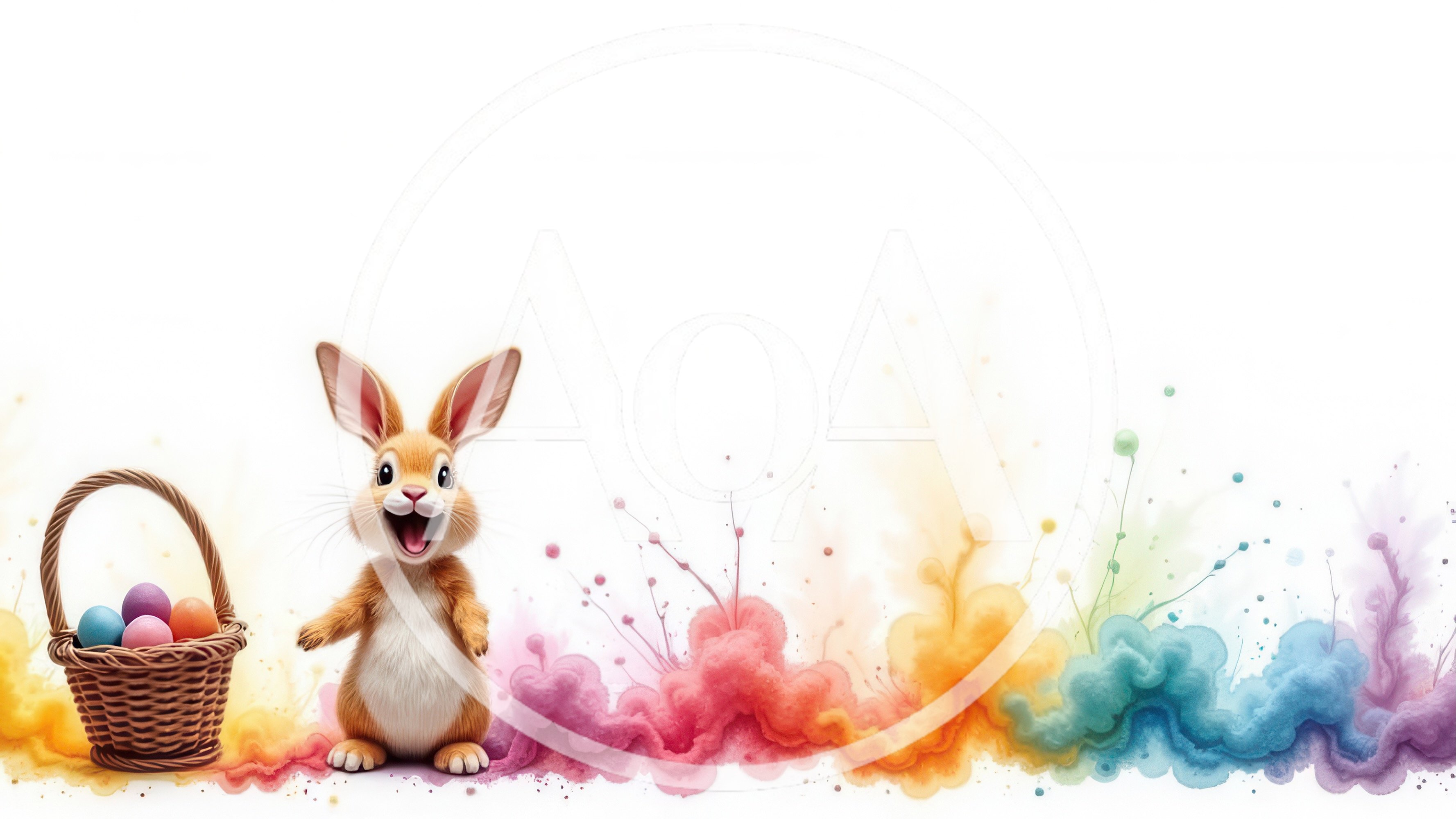 Cute Easter Bunny Standing Beside A Basket Of Eggs