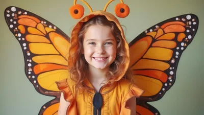 Smiling Young Girl Wearing A Butterfly Costume