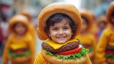 Happy Child Wearing A Hamburger Costume