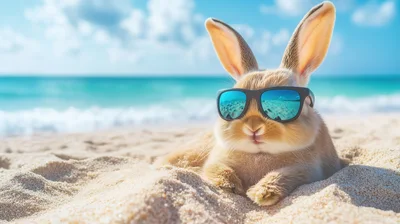 Cute Bunny Wearing Sunglasses Relaxing On Sandy Beach