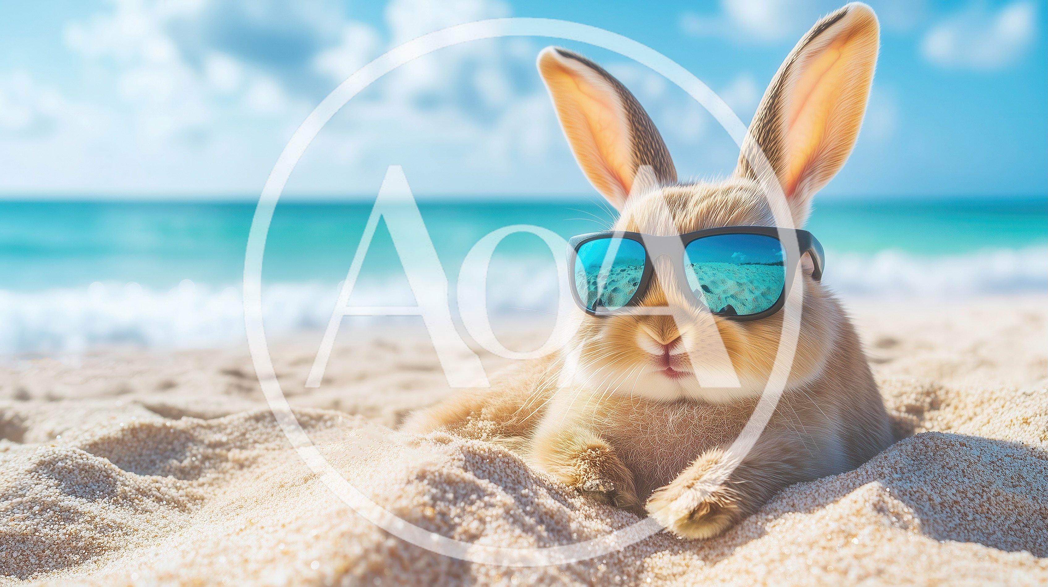 Cute Bunny Wearing Sunglasses Relaxing On Sandy Beach