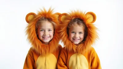 Two Young Girls Wearing Lion Costumes