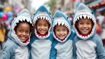 Four Children Wearing Shark Costumes Smiling Together