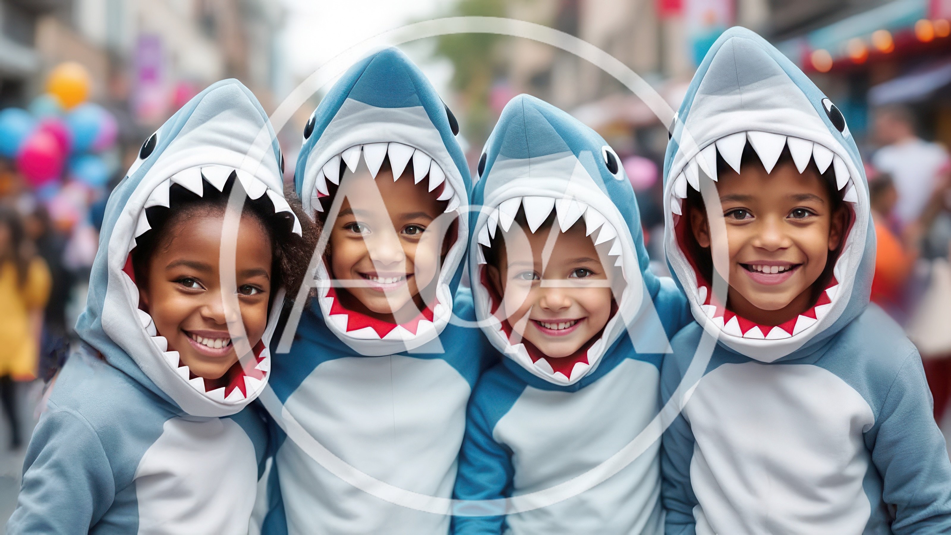 Four Children Wearing Shark Costumes Smiling Together