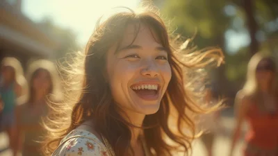 Young Asian Woman Laughing Outdoors In Sunlight