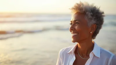 Mature Woman Smiling While Looking Out At The Ocean
