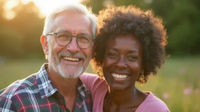 Happy Interracial Senior Couple Smiling Outdoors