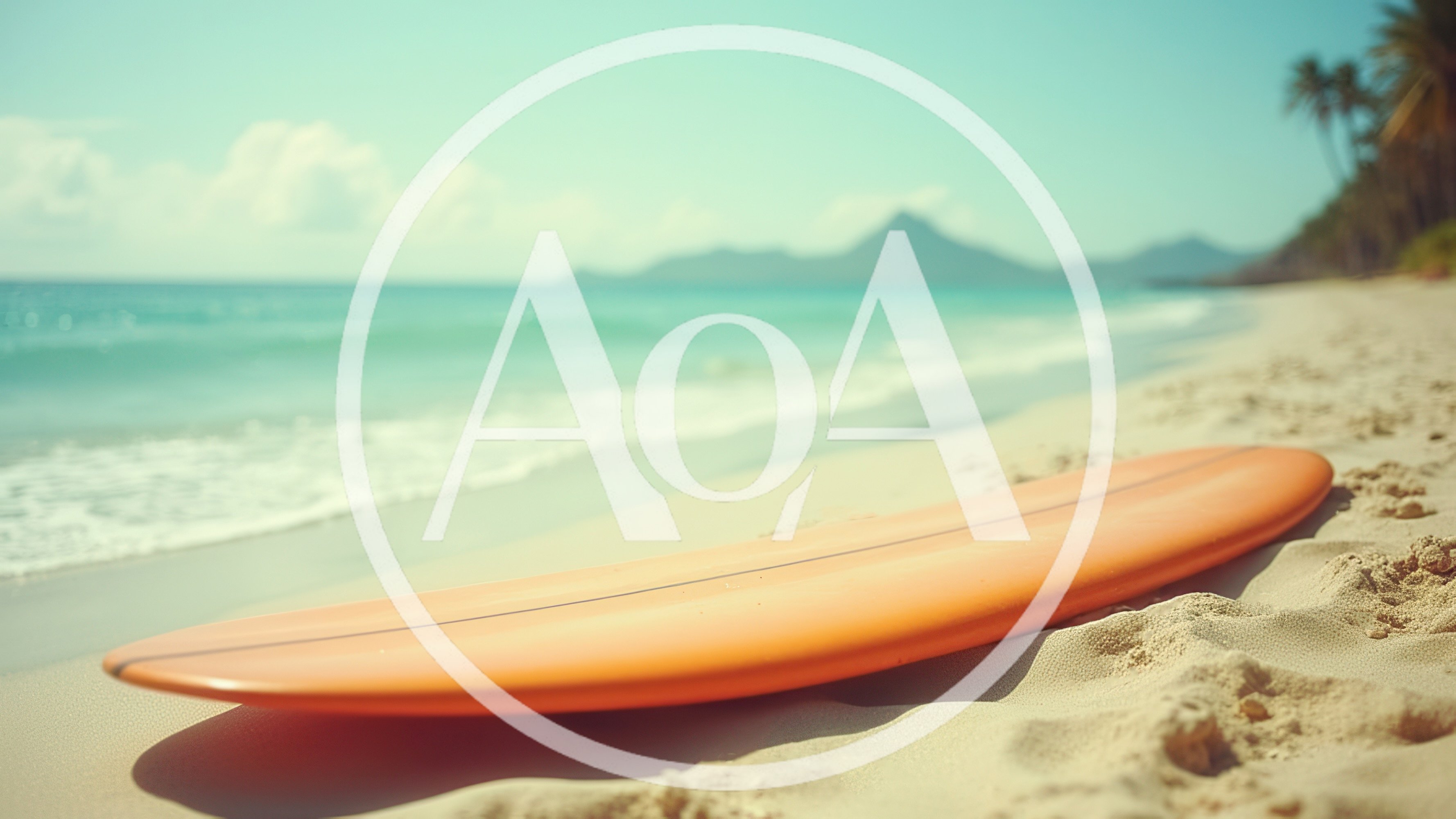 Orange Surfboard Resting On A Tropical Sandy Beach