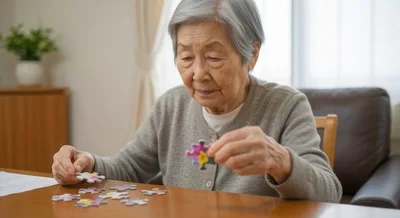 Elderly Woman Solving Jigsaw Puzzle at Home