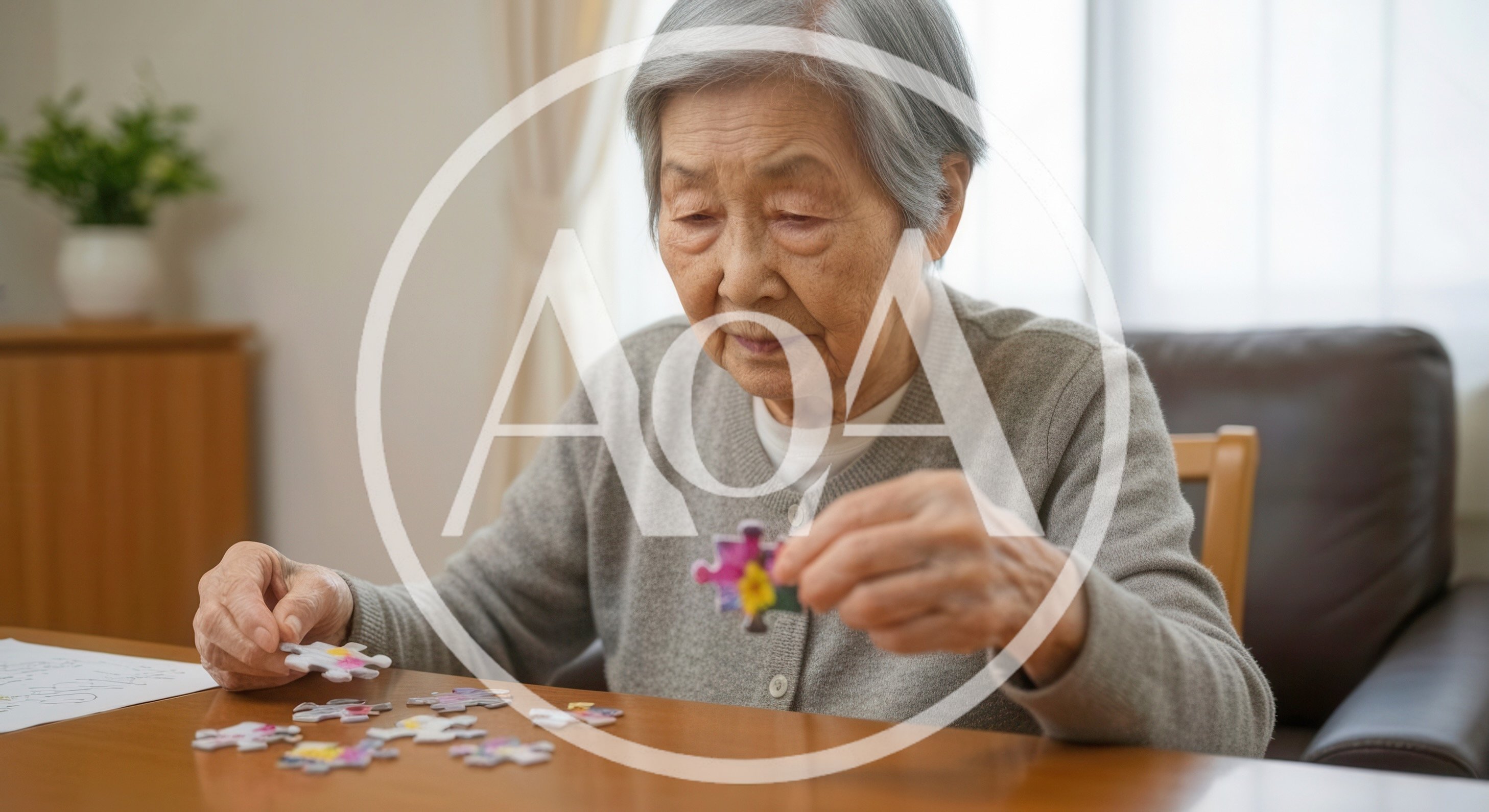 Elderly Woman Solving Jigsaw Puzzle at Home