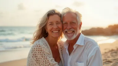 Happy Senior Couple Embracing on a Beach at Sunset