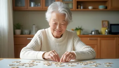 Elderly Asian Woman Assembling Jigsaw Puzzle at Home