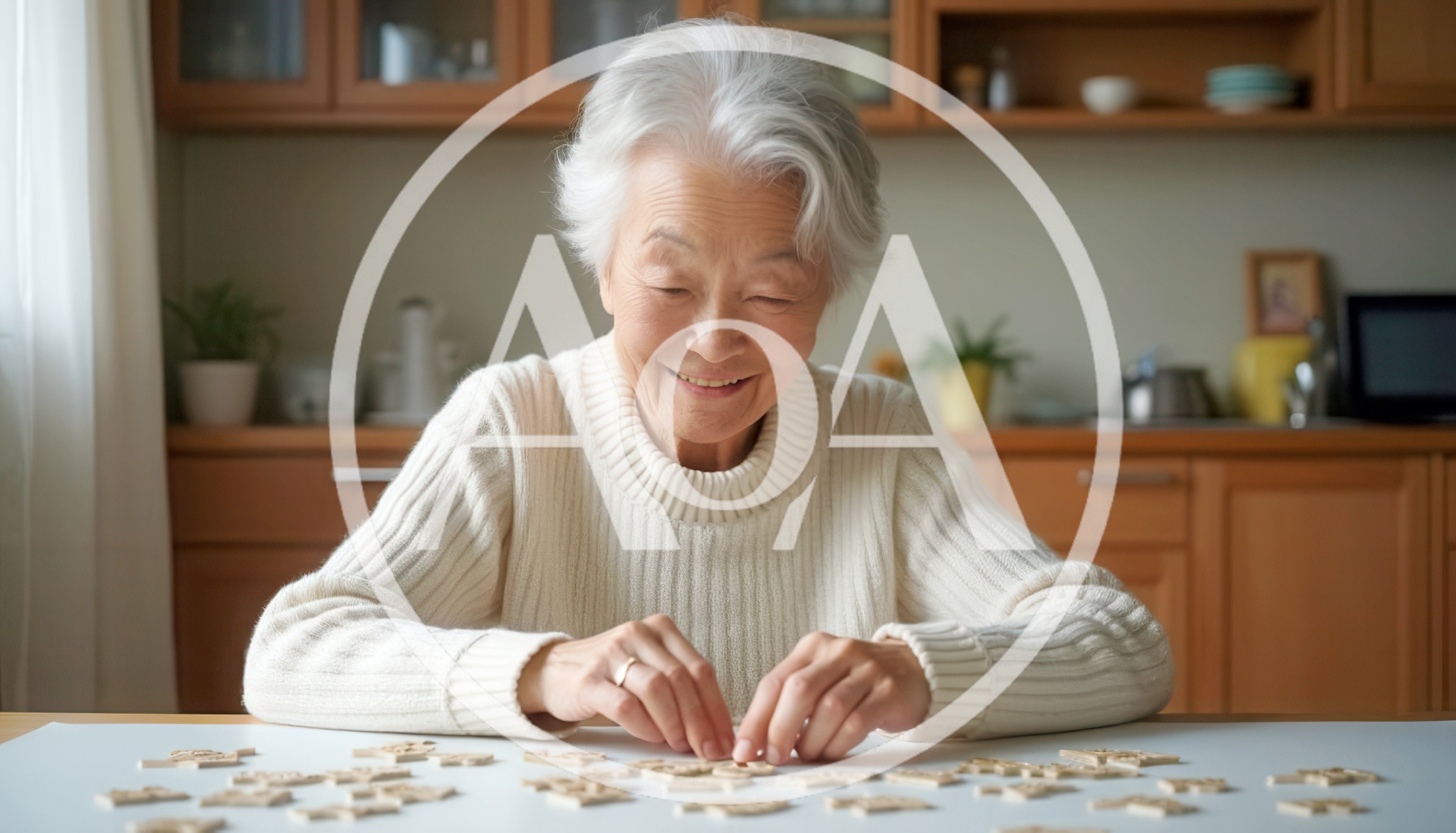 Elderly Asian Woman Assembling Jigsaw Puzzle at Home