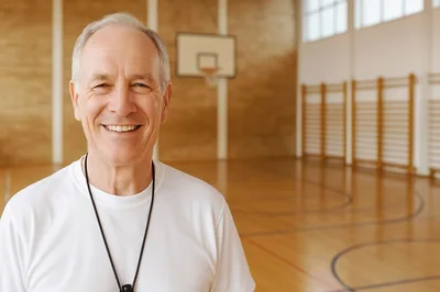 Smiling Senior Physical Education Teacher In A Gymnasium