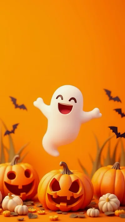 Cute 3D Ghost Floating Above Jack O Lanterns