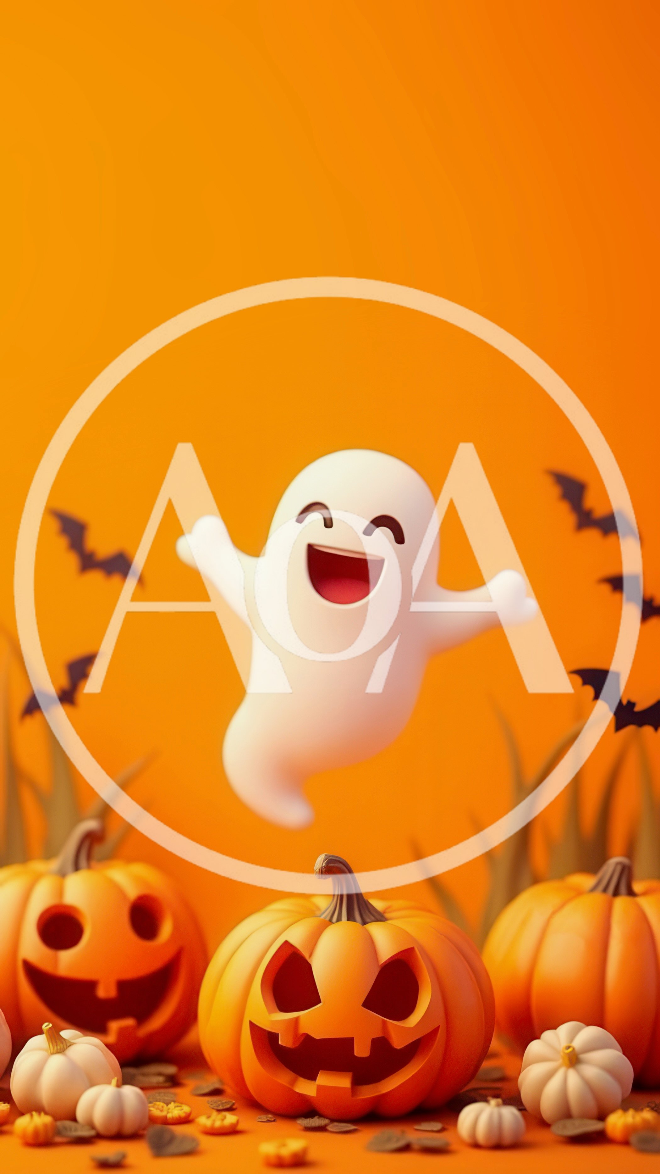 Cute 3D Ghost Floating Above Jack O Lanterns