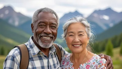 Happy Senior Couple Hiking In The Mountains